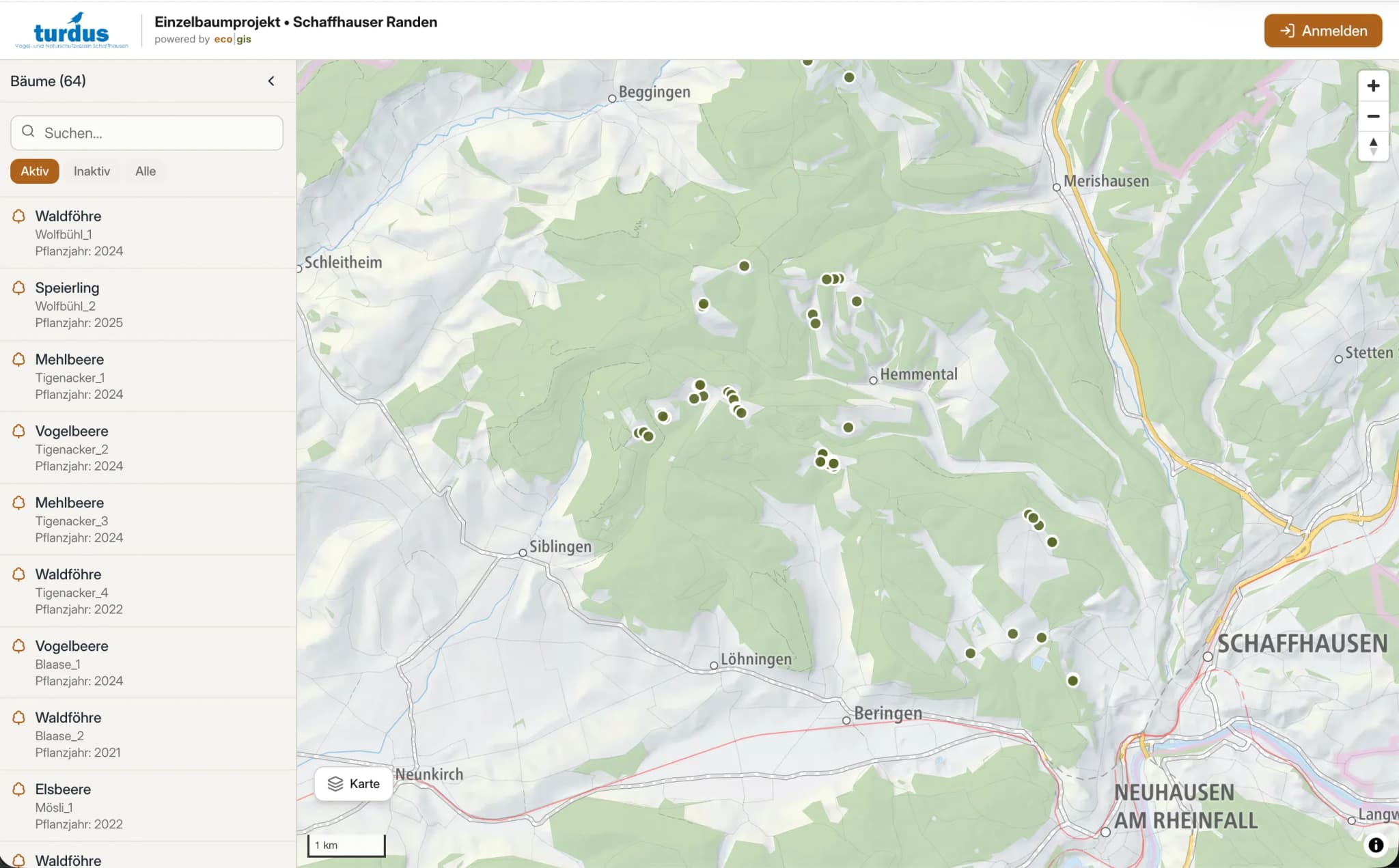 Projekt Einzelbäume – Kartenansicht mit Baumstandorten auf Swisstopo-Luftbild