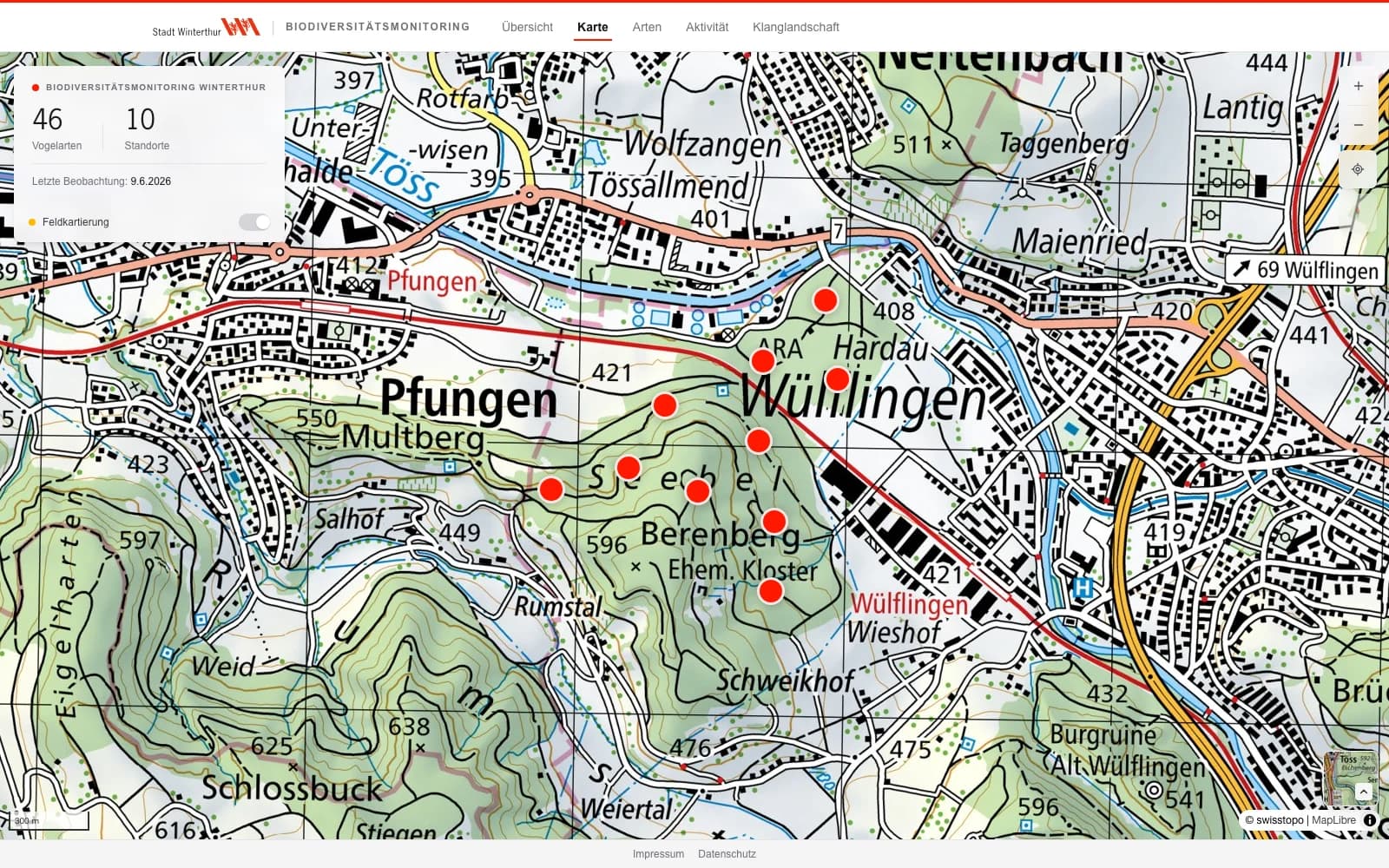 Biodiversitätsmonitoring Winterthur – Kartenansicht mit Loggerstandorten in den Waldgebieten Hardholz und Berenberg